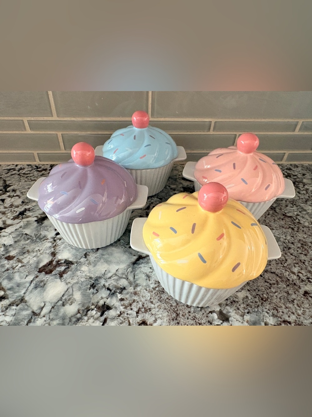 Pastel Cupcake Ceramic Serving Bowls with Lids - Yellow, Pink, Blue, Lavender